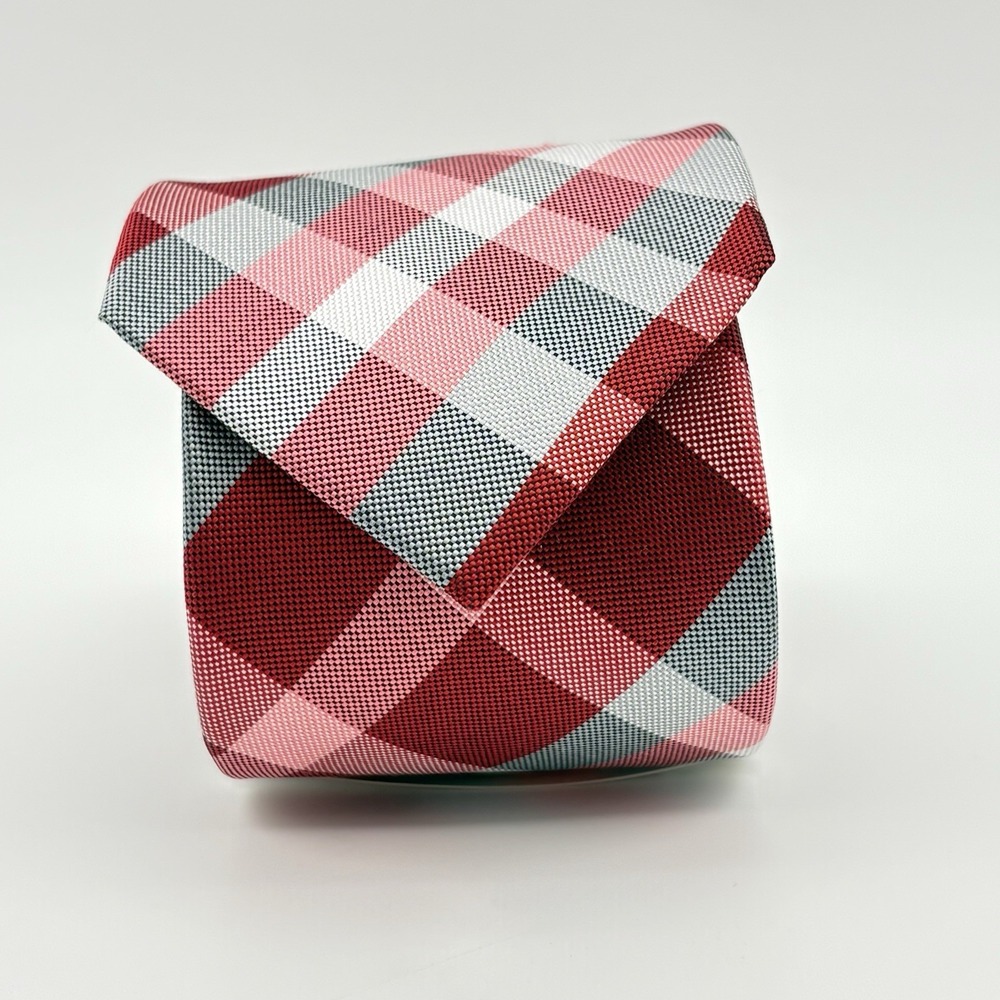 Aflani Spectrum Red & Gray Plaid Pattern Silk Necktie NEW